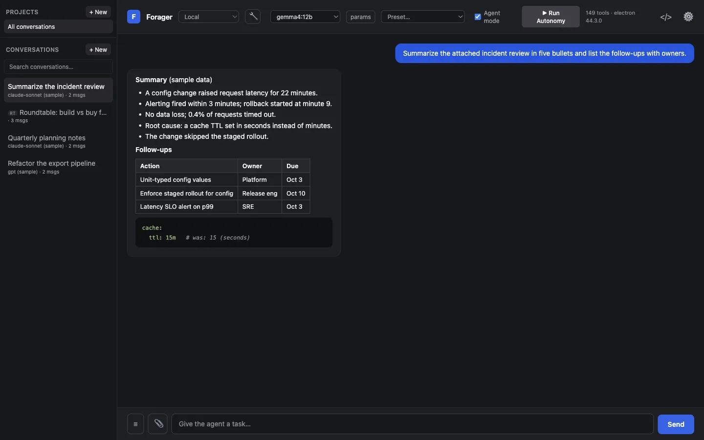 Forager chat view: a conversation list on the left and an answer with a table and a YAML snippet on the right