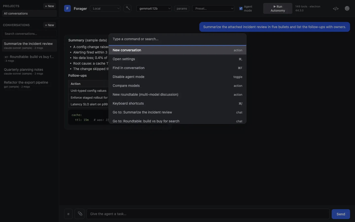 Command palette listing actions such as new conversation, compare models and new roundtable