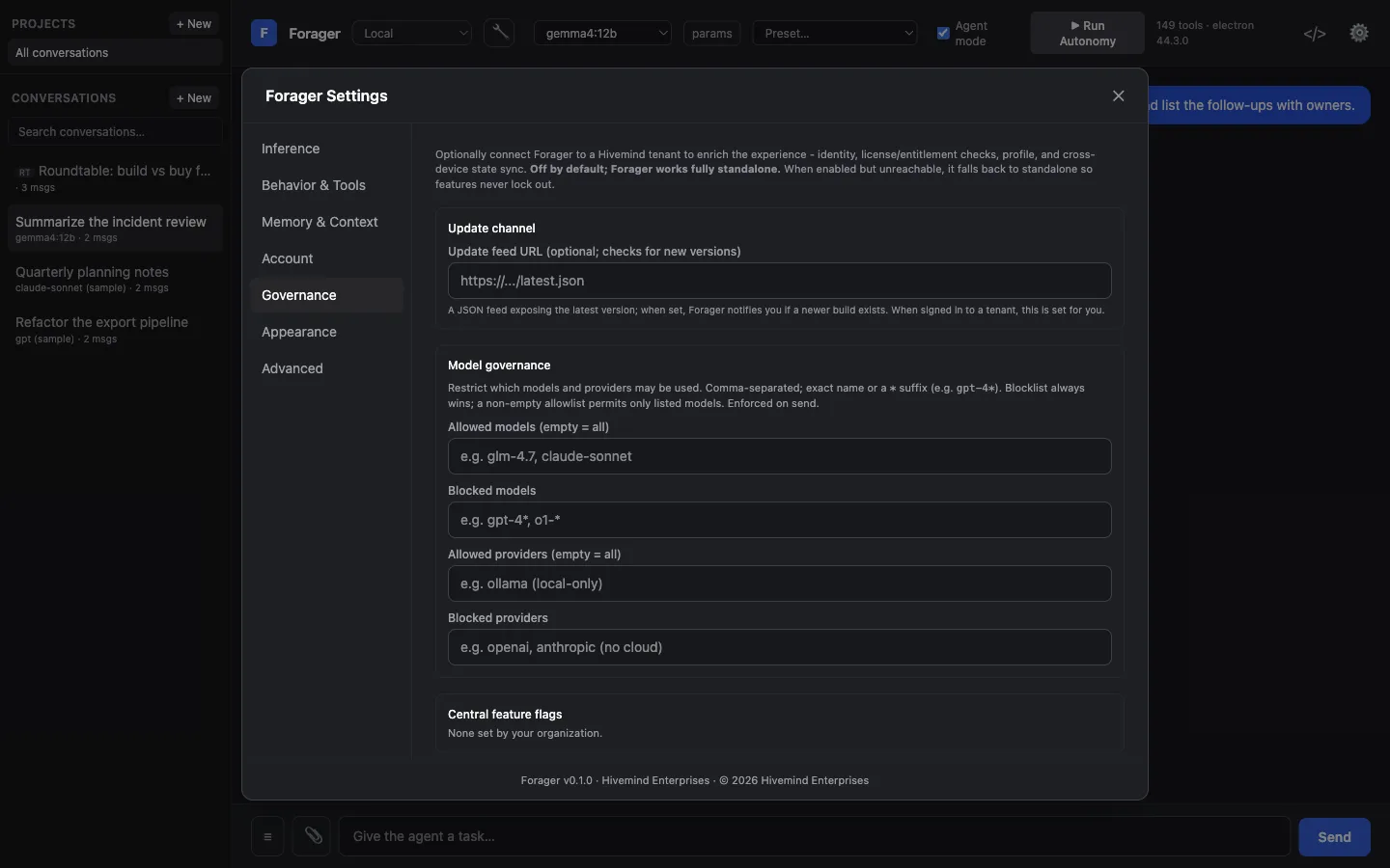 Governance settings with allowed and blocked models and providers, an update channel and central feature flags